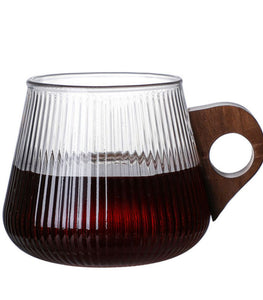 Glass Coffee Mug Japanese-Style Glass Cup with Wooden Handle Vertical Stripes Tea Milk Cup Home Office Drinkware Beer Mug Gift