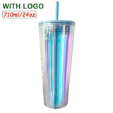710ml/24oz Coffee Mugs Tumbler With Logo&Lids Double Layer Cup Transparent Plastic Drink Cups Reusable Summer Cold Water Bottle